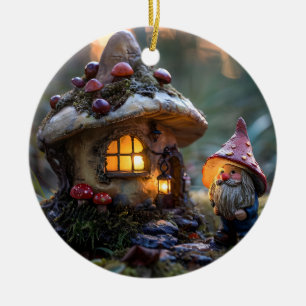Gnome and a mushroom house, fantasy design ceramic ornament