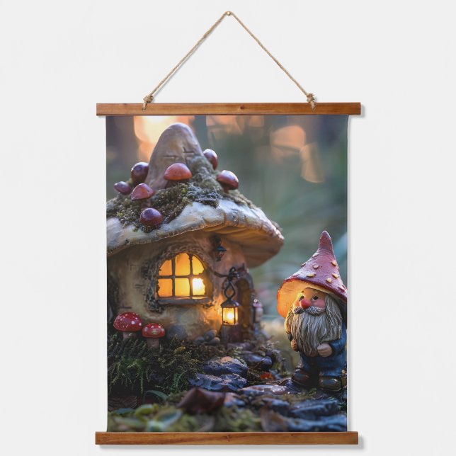 Gnome and a mushroom house, fantasy design hanging tapestry (Front)