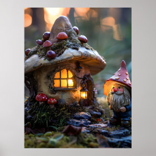 Gnome and a mushroom house, fantasy design poster
