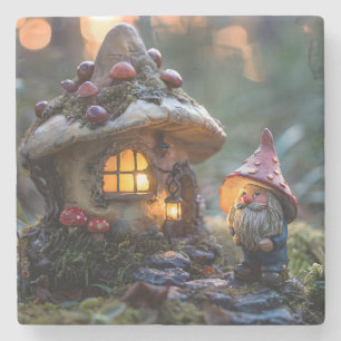 Gnome and a mushroom house, fantasy design stone coaster