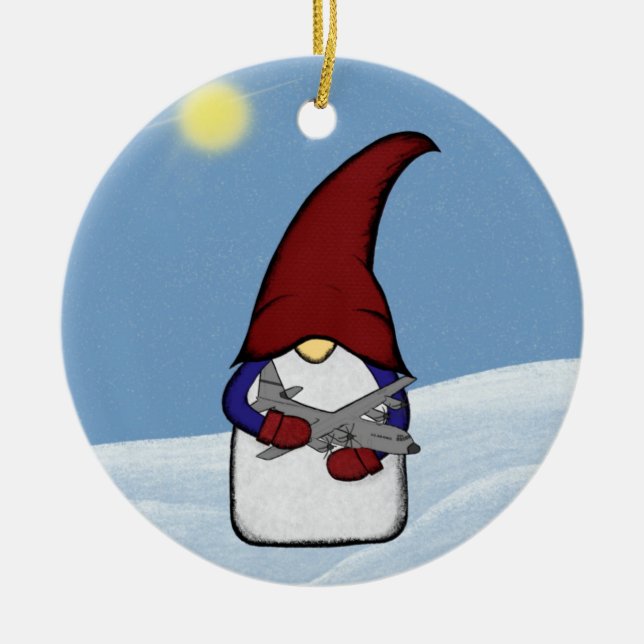 Gnome and C-130 Ceramic Ornament (Front)