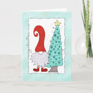 Gnome and Christmas Tree Christmas Cartoon Card