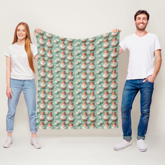 Gnome and Daisy Seamless Pattern Garden Design Fleece Blanket (In Situ)