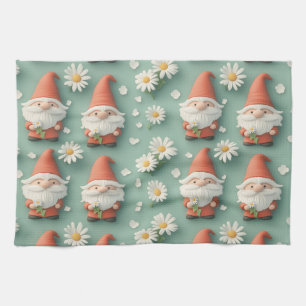 Gnome and Daisy Seamless Pattern Garden Design Tea Towel