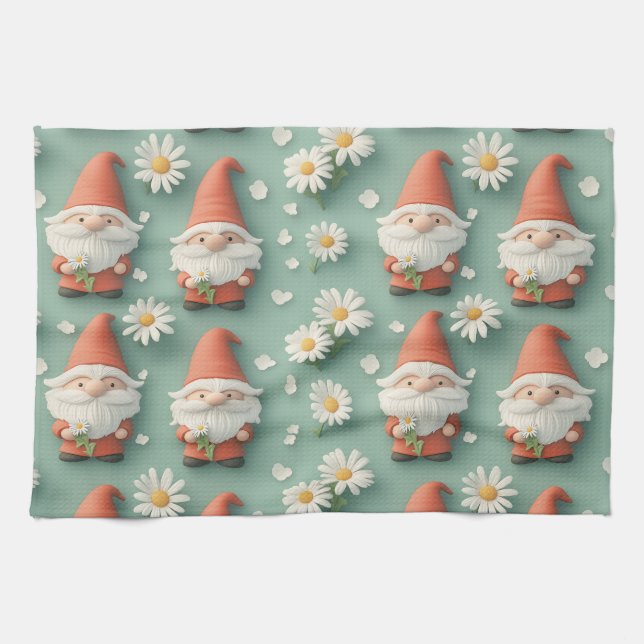 Gnome and Daisy Seamless Pattern Garden Design Tea Towel (Horizontal)