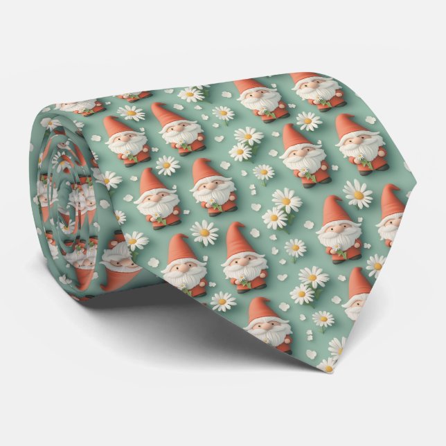 Gnome and Daisy Seamless Pattern Garden Design Tie (Rolled)