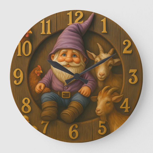 Gnome and Farm Animals in Cosy Garden Scene Large Clock (Front)