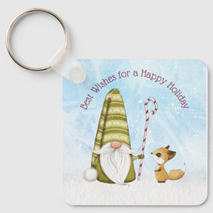 Gnome and Fox Best Wishes Happy Holiday Custom Key Ring