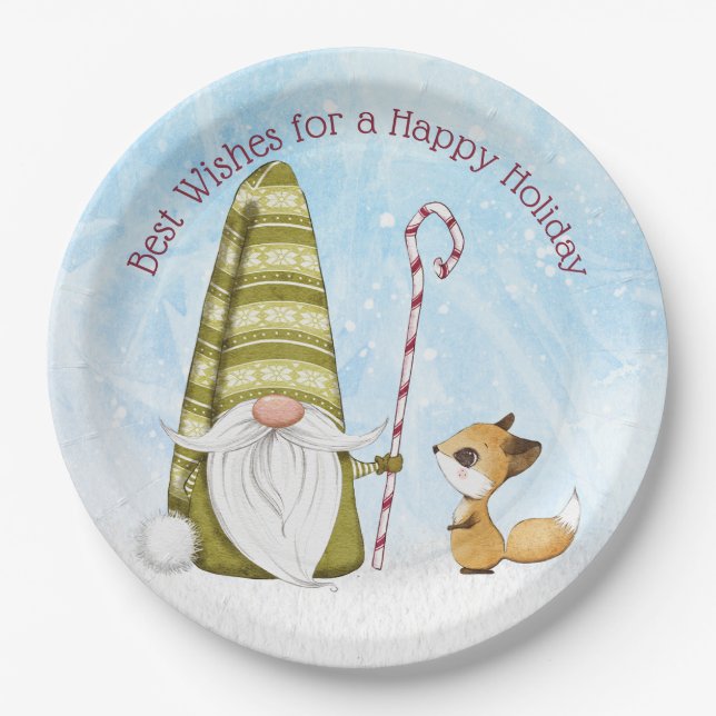 Gnome and Fox Best Wishes Happy Holiday Custom  Paper Plate (Front)