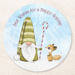 Gnome and Fox Best Wishes Happy Holiday Custom Round Paper Coaster