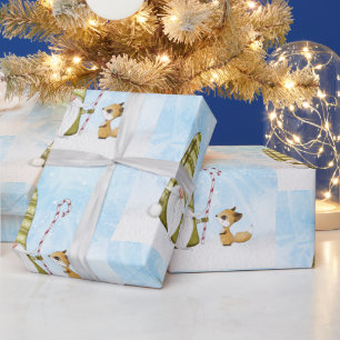 Gnome and Fox Christmas Holiday Blue Sky Wrapping Paper