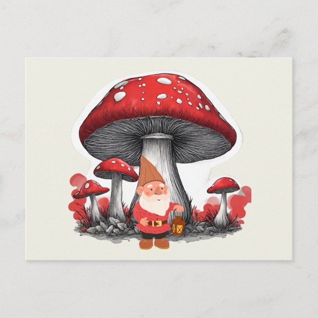 Gnome and Giant Red Mushrooms  Postcard (Front)