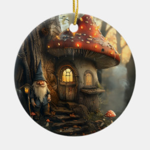 Gnome and mushroom house design ceramic ornament