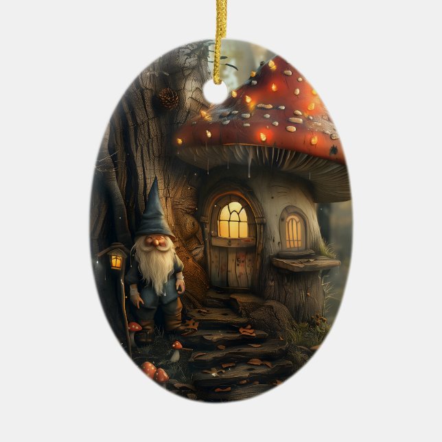 Gnome and mushroom house design ceramic ornament (Front)