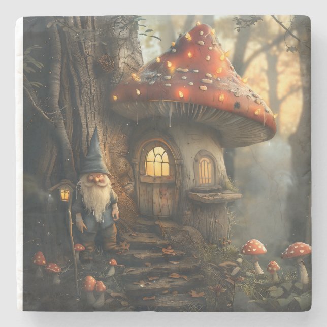 Gnome and mushroom house design stone coaster (Front)