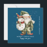 Gnome and Snowman Merry Christmas Businness Flat Holiday Card<br><div class="desc">A gnome dressed in green stands beside a snowman in a red elf stocking hat and red scarf. They are surrounded by a dusting of white snow that pops on the dark blue background. The minimalist aesthetic is created with a simple Merry Christmas and Happy New Year below. The business...</div>