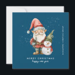 Gnome and Snowman Merry Christmas Businness Flat Holiday Card<br><div class="desc">A gnome dressed in red stands beside a snowman in a green elf stocking hat and red scarf. They are surrounded by a dusting of white snow that pops on the dark blue background. The minimalist aesthetic is created with a simple Merry Christmas and Happy New Year below. The business...</div>