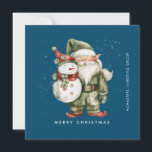 Gnome and Snowman Merry Christmas Businness Flat Holiday Card<br><div class="desc">A gnome dressed in red stands beside a snowman in a green elf stocking hat and red scarf. They are surrounded by a dusting of white snow that pops on the dark blue background. The minimalist aesthetic is created with a simple Merry Christmas below and the business name running perpendicular...</div>