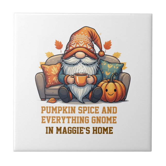 Gnome at home cozy - pumpkin design ceramic tile (Front)