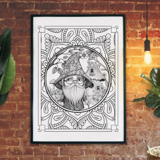 Gnome at Home Mandala Adult Coloring Poster