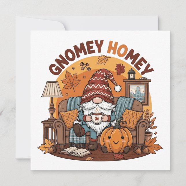 Gnome at home seasonal pumpkin design save the date (Front)