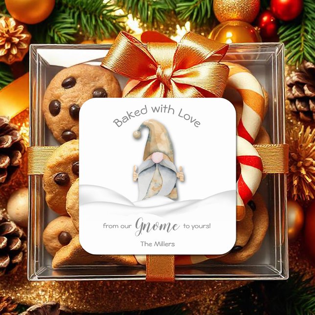 Gnome Baked with Love Christmas Personalised Square Sticker (Gnome Baked with Love Christmas Personalized Square 3" Stickers)