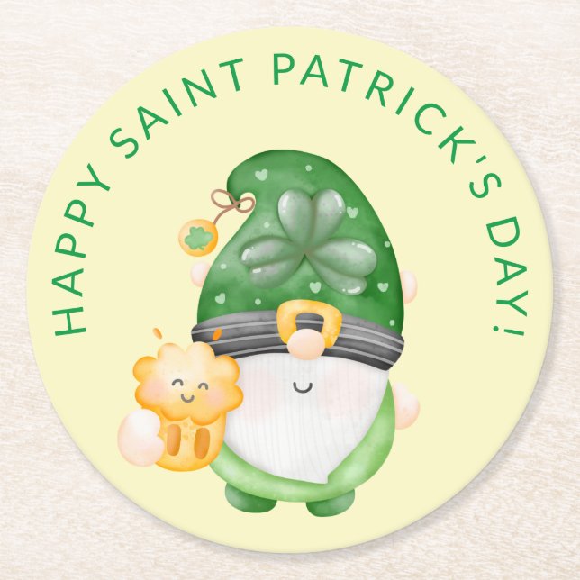 Gnome Beer Happy Saint Patrick's Day Party Round Paper Coaster (Front)