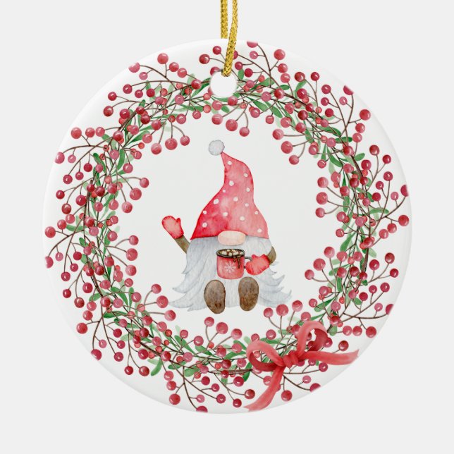 Gnome Berry Wreath  Ceramic Ornament (Front)
