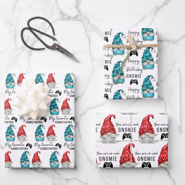 Gnome Birthday Wrapping Paper Flat Sheet Set of 3 (Front)