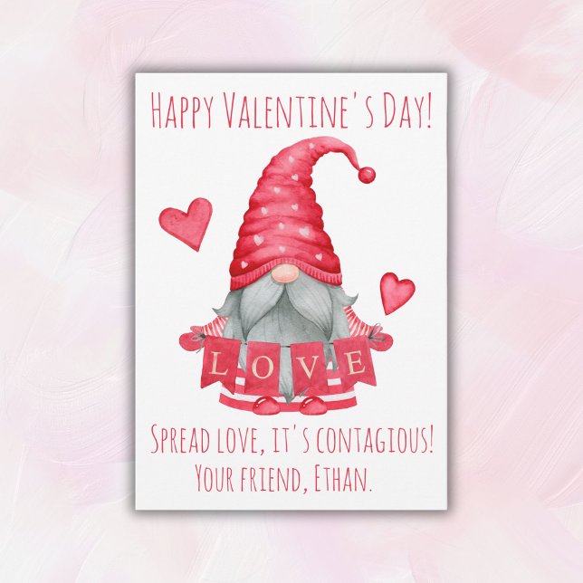 Gnome Boy With Hearts| Classmates Valentine's  Holiday Card (Personalize this card to add it to the gift your children will give to their classmates. Buy it now!)
