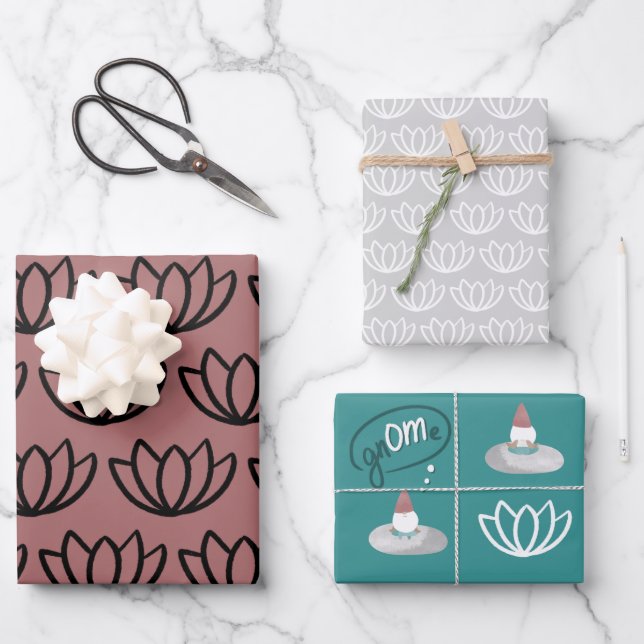 Gnome Buns & Puns Yoga & Meditation Lotus Patterns Wrapping Paper Sheet (Front)