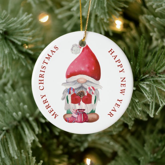 Gnome Candy Cane Pine Cone Ceramic Ornament (Tree)