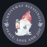 Gnome Christmas Blessings Peace Love Joy Classic Round Sticker<br><div class="desc">A traditional Nisse gnome brings Christmas blessings of peace, love and joy. All of the text can be personalised, so you can add your own favourite blessings. The gnome is wearing a red stocking hat with a grey star that matches his mittens and boots. He also as a long beard...</div>
