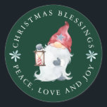 Gnome Christmas Blessings Peace Love Joy  Classic Round Sticker<br><div class="desc">A traditional Nisse gnome brings Christmas blessings of peace, love and joy. All of the text can be personalised, so you can add your own favourite blessings. The gnome is wearing a red stocking hat with a grey star that matches his mittens and boots. He also as a long beard...</div>