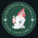 Gnome Christmas Blessings Peace Love Joy  Classic Round Sticker<br><div class="desc">A traditional Nisse gnome brings Christmas blessings of peace, love and joy. All of the text can be personalised, so you can add your own favourite blessings. The gnome is wearing a red stocking hat with a grey star that matches his mittens and boots. He also as a long beard...</div>