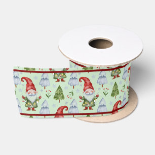 Gnome Christmas Gift Wrapping Green Watercolor Satin Ribbon