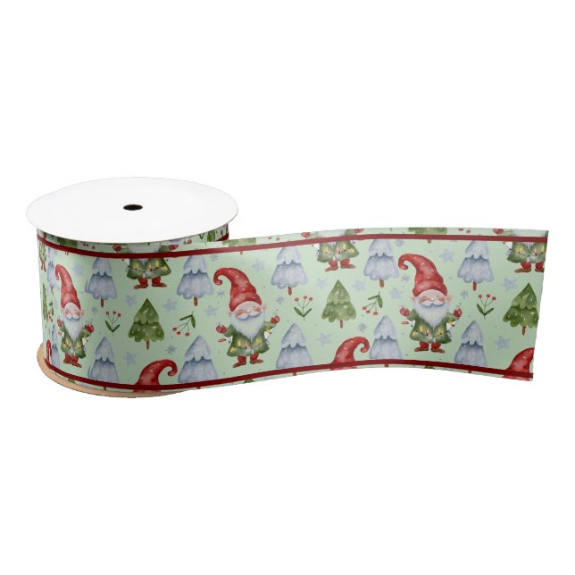Gnome Christmas Gift Wrapping Green Watercolor Satin Ribbon (Spool)