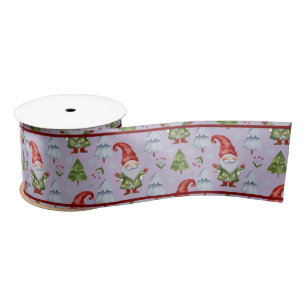 Gnome Christmas Gift Wrapping Purple Watercolor Satin Ribbon