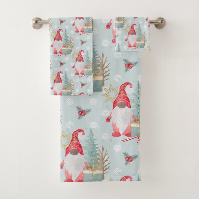 Gnome Christmas Pattern Bath Towel Set (Insitu)