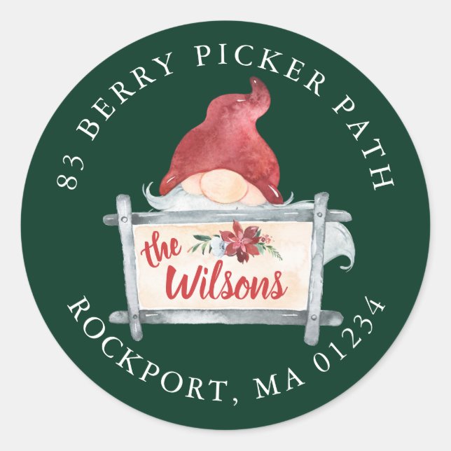 Gnome Christmas Round Return Address Label (Front)