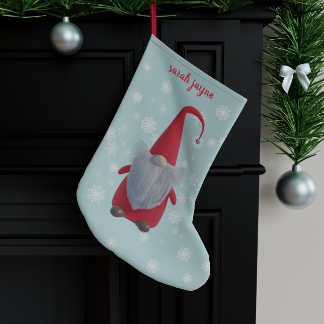 Gnome Christmas Stocking (A cute Christmas gnome dressed in red, with a white fluffy beard and a Santa hat on his head)