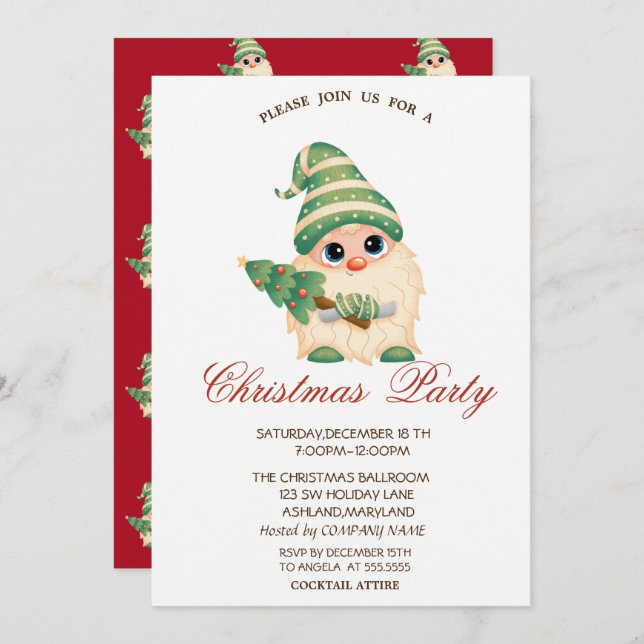 Gnome Christmas Tree Red Company Christmas Party Invitation (Front/Back)