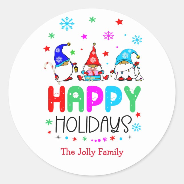 Gnome Colourful Cute Happy Holidays Christmas   Classic Round Sticker (Front)