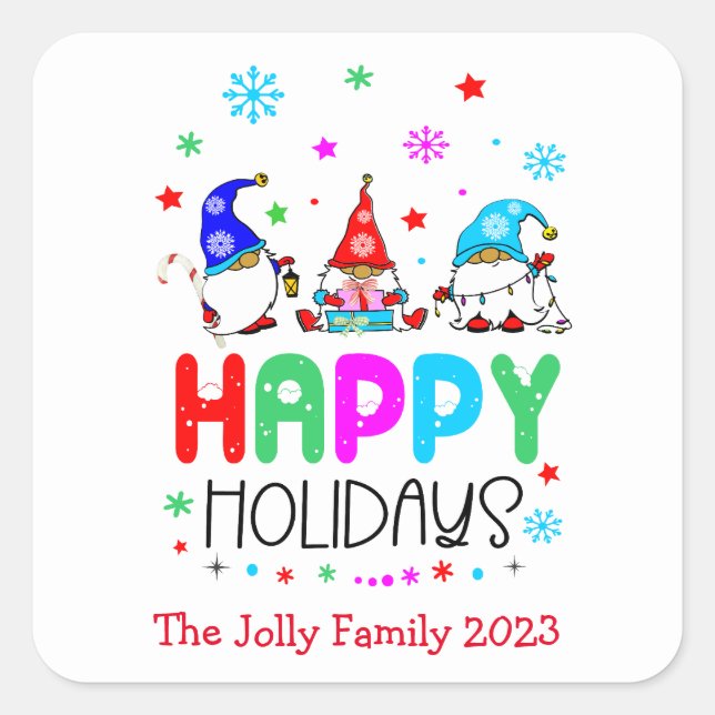 Gnome Colourful Cute Happy Holidays Christmas   Square Sticker (Front)