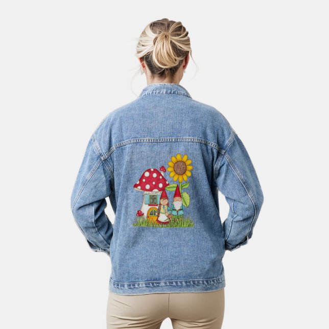 Gnome Couple Mushroom Home Sunflower Womens Denim Jacket (Model)
