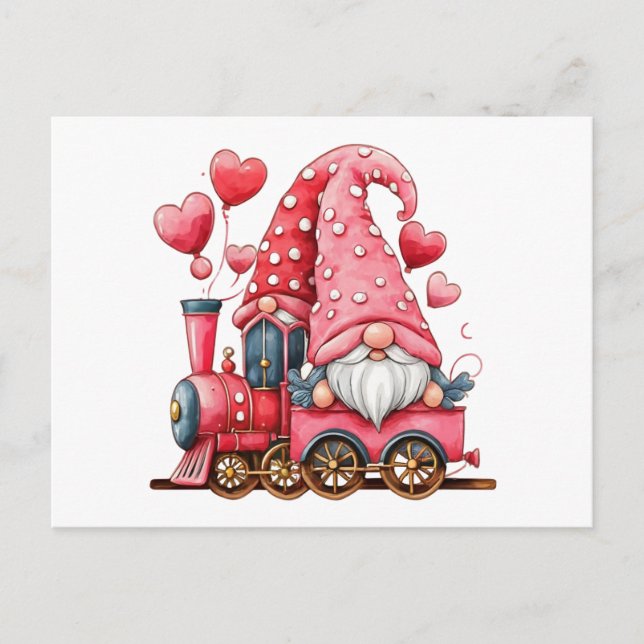 Gnome Couple Red Hearts Valentine Train Postcard (Front)