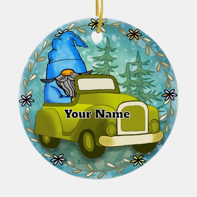 Gnome driving car ceramic ornament (Front)