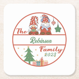 Gnome Family Christmas Square Paper Coaster