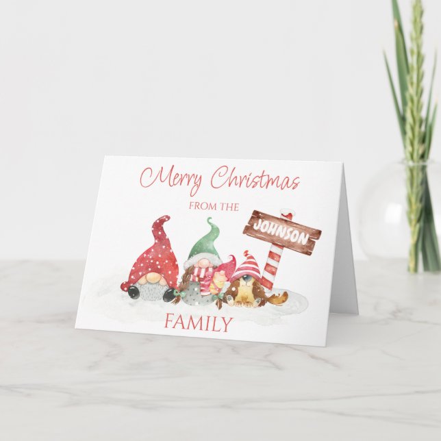 Gnome Family with Newborn Baby Dog Christmas Card (Front)