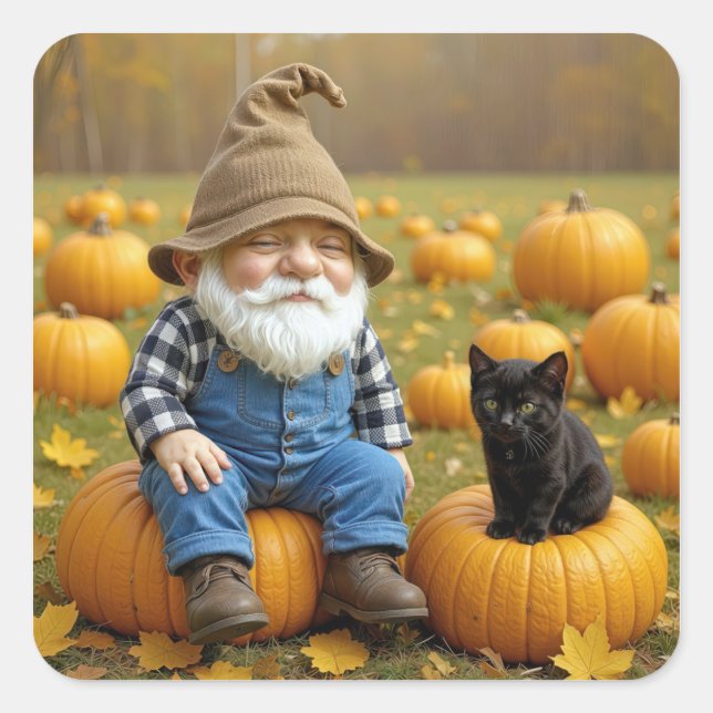 Gnome Farmer and Black Kitten On Pumpkins Square Sticker (Front)